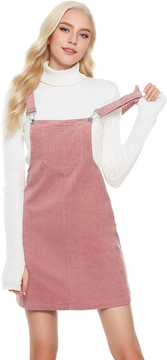 Women's Adjustable Straps Cuffed A-line Corduroy Pinafore Bib Pocket Overalls Dress