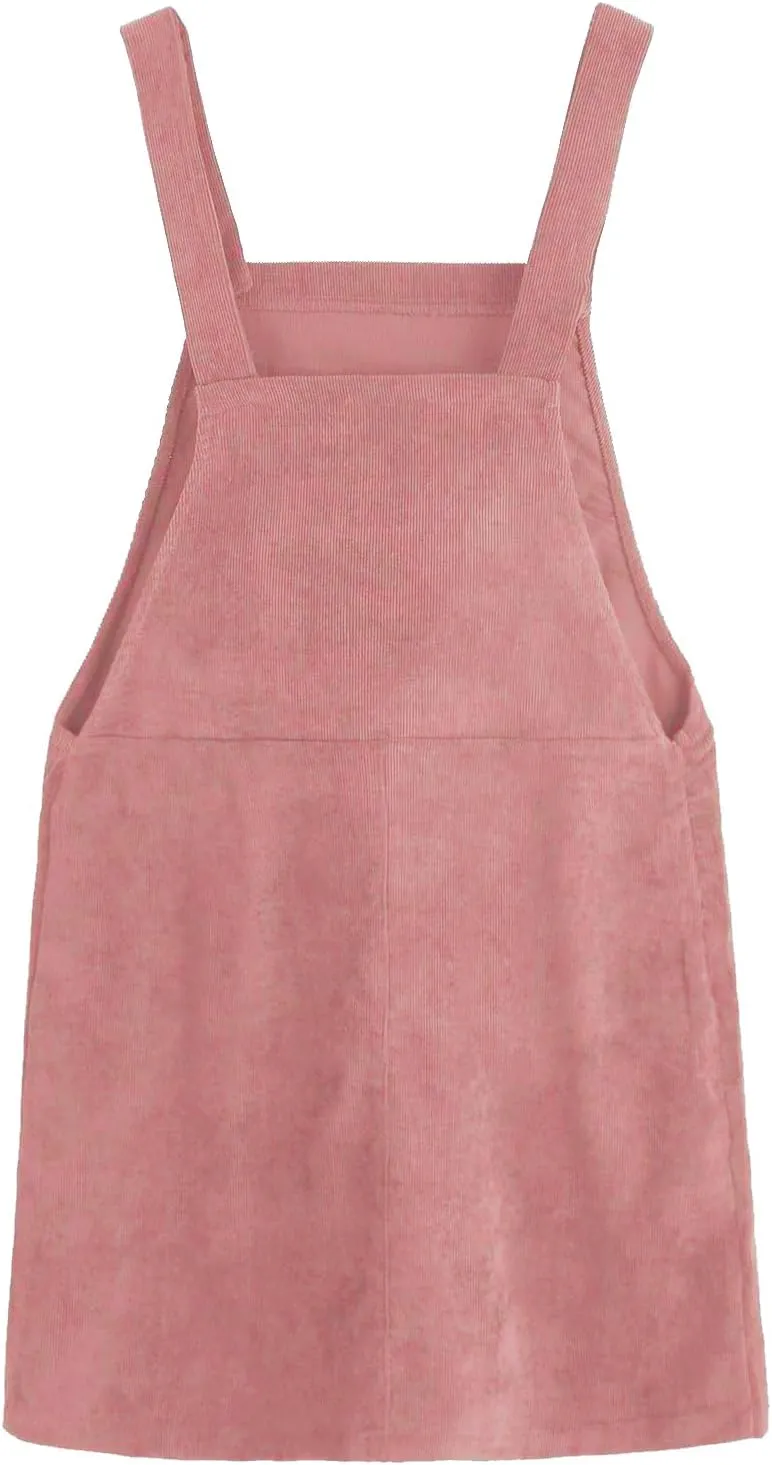 Women's Adjustable Straps Cuffed A-line Corduroy Pinafore Bib Pocket Overalls Dress