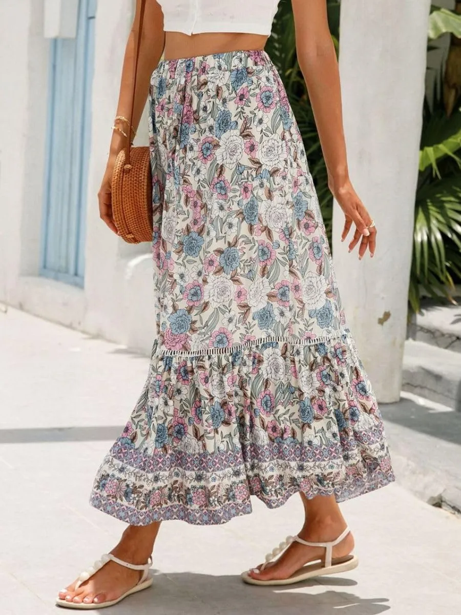 Women's Bohemian Floral Printed Flowy Beach Skirts Elastic High Waisted A Line Maxi Skirts