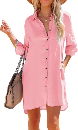Women's Chambray Button Down Shirt Dresses with Pockets Denim Cotton Button Up Tunics Long Sleeve Solid Blouse Tops