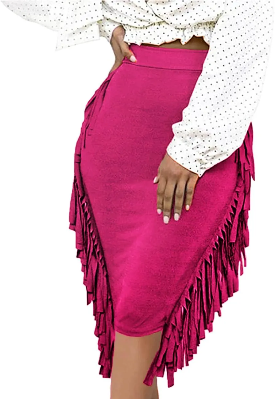 Women's High Waist Side Tassels Fringe Bodycon Pencil Midi Skirt