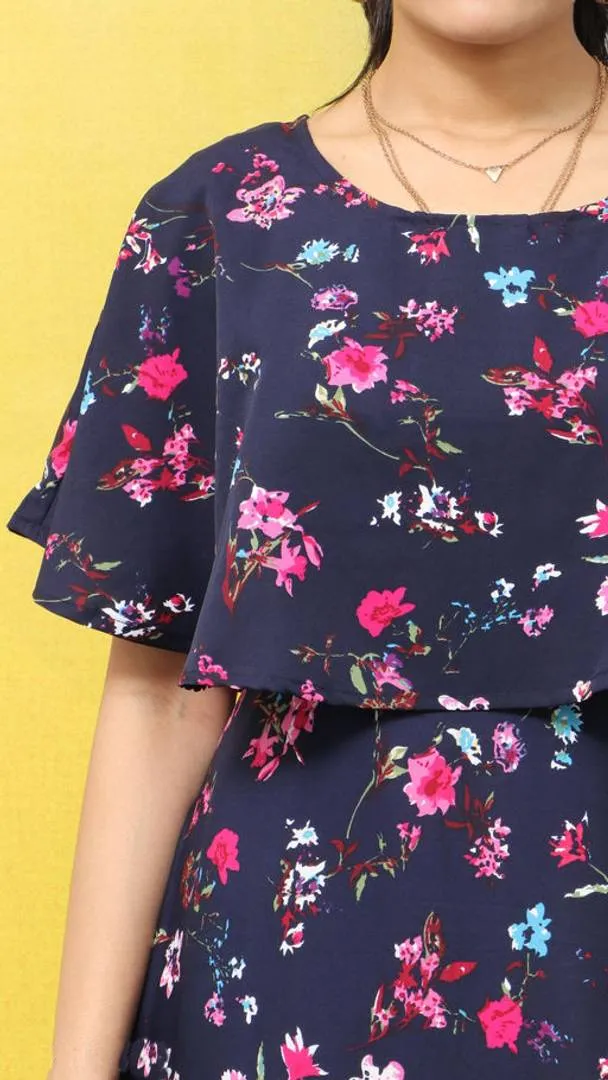 Women's Navy Blue Printed Maxi Length Dress