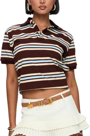 Women's Striped Polo Shirts Collared Button V Neck Henley Tops Color Block Short Sleeve T Shirt 90S Vintage Tees