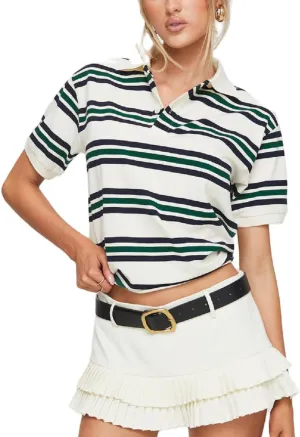 Women's Striped Polo Shirts Collared Button V Neck Henley Tops Color Block Short Sleeve T Shirt 90S Vintage Tees