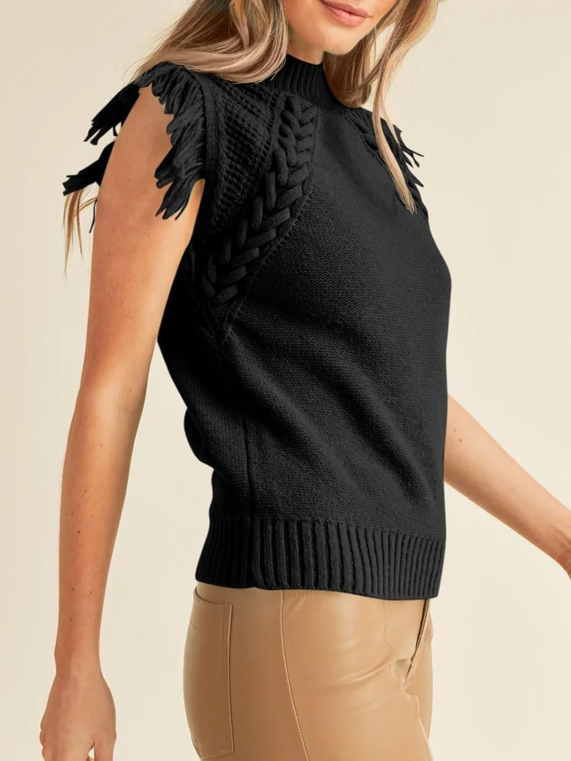 Womens Summer Sleeveless Sweater Vest 2025 Mock Neck Cable Knit Fringe Cap Sleeve Boho Trendy Pullover Tank Tops