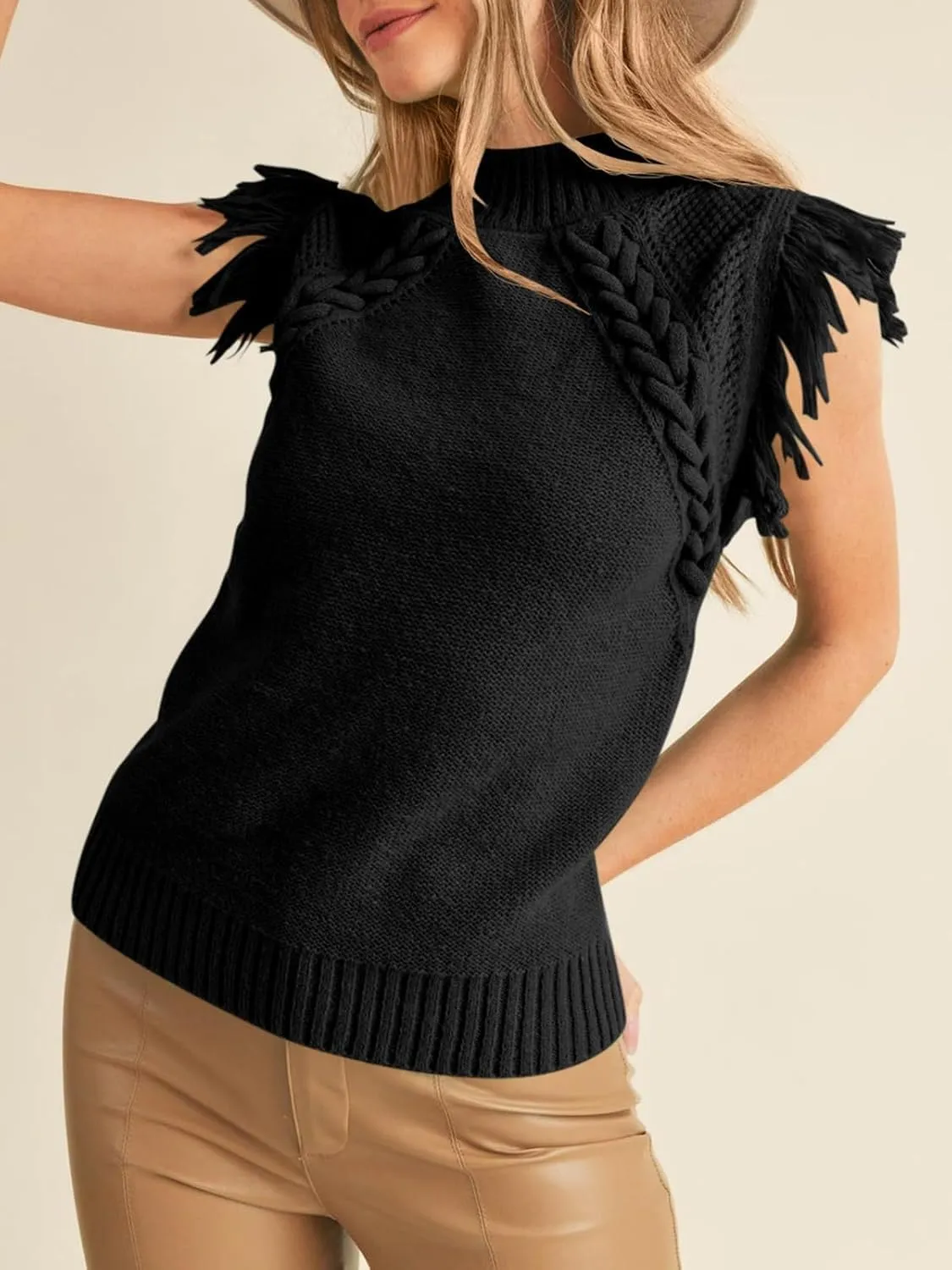 Womens Summer Sleeveless Sweater Vest 2025 Mock Neck Cable Knit Fringe Cap Sleeve Boho Trendy Pullover Tank Tops