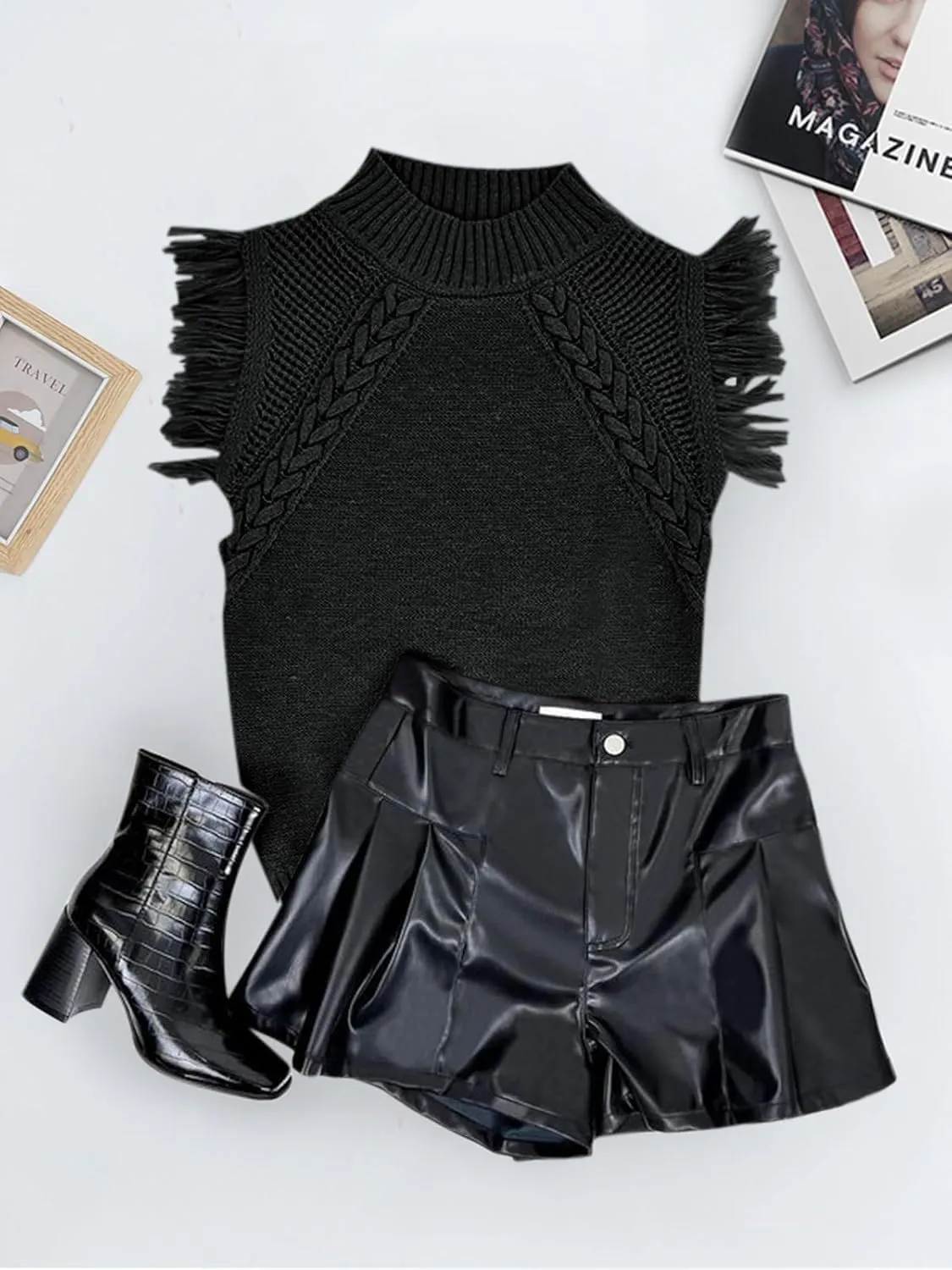 Womens Summer Sleeveless Sweater Vest 2025 Mock Neck Cable Knit Fringe Cap Sleeve Boho Trendy Pullover Tank Tops