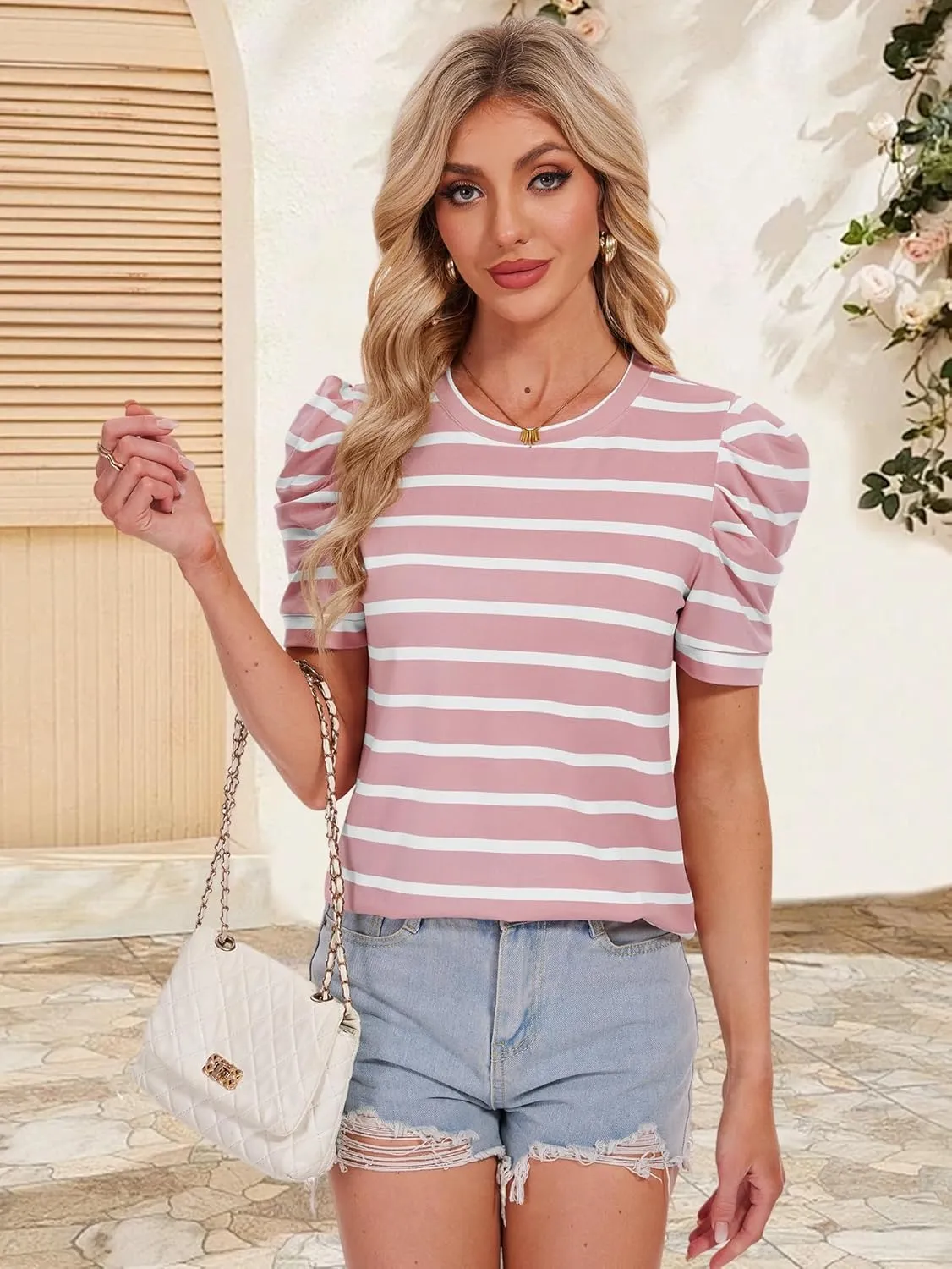 Womens Tops Crew Neck Striped Short Sleeve Casual Loose Tees Comfort Colors Tshirt 2025 Summer Outfits