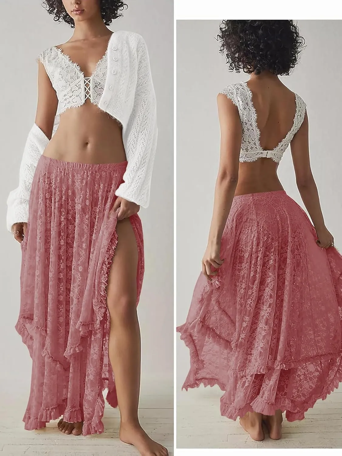 YKR Womens Lace Long Skirts Elastic Asymmetrical Layered Hem Sexy See-Through Flowy Skirts Floral Beach Maxi Skirt