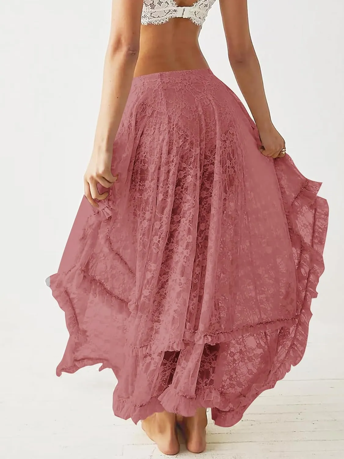 YKR Womens Lace Long Skirts Elastic Asymmetrical Layered Hem Sexy See-Through Flowy Skirts Floral Beach Maxi Skirt