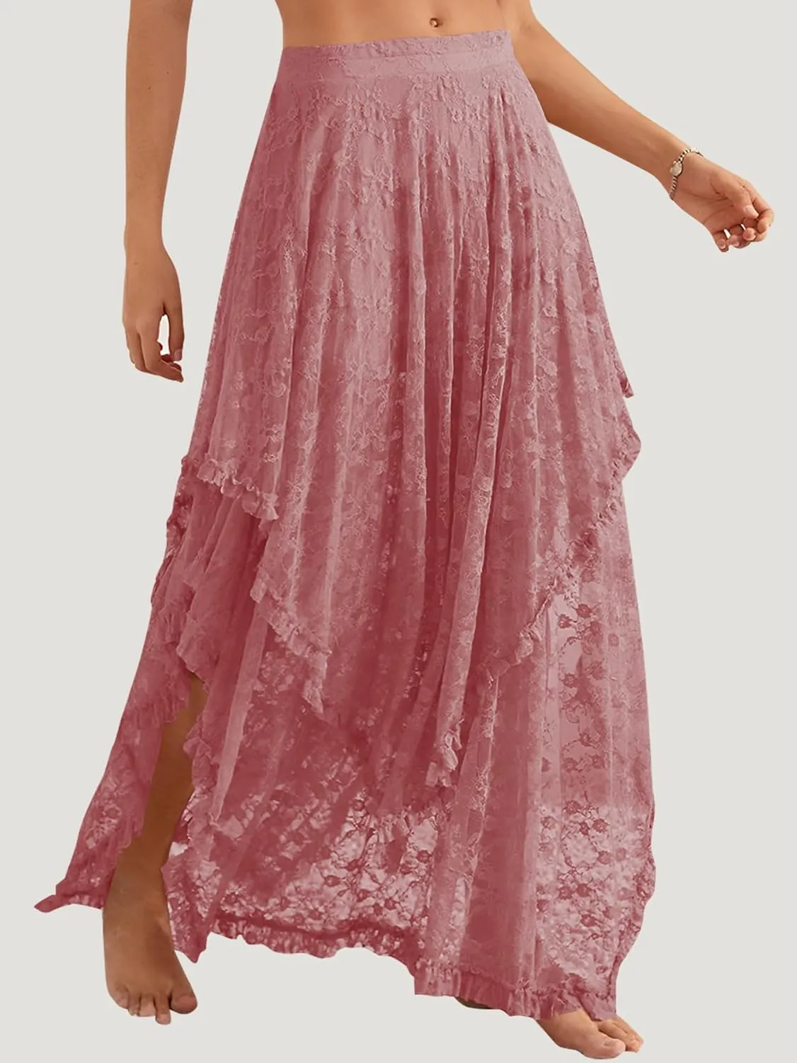 YKR Womens Lace Long Skirts Elastic Asymmetrical Layered Hem Sexy See-Through Flowy Skirts Floral Beach Maxi Skirt