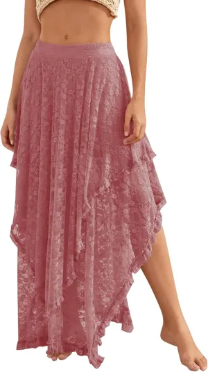 YKR Womens Lace Long Skirts Elastic Asymmetrical Layered Hem Sexy See-Through Flowy Skirts Floral Beach Maxi Skirt